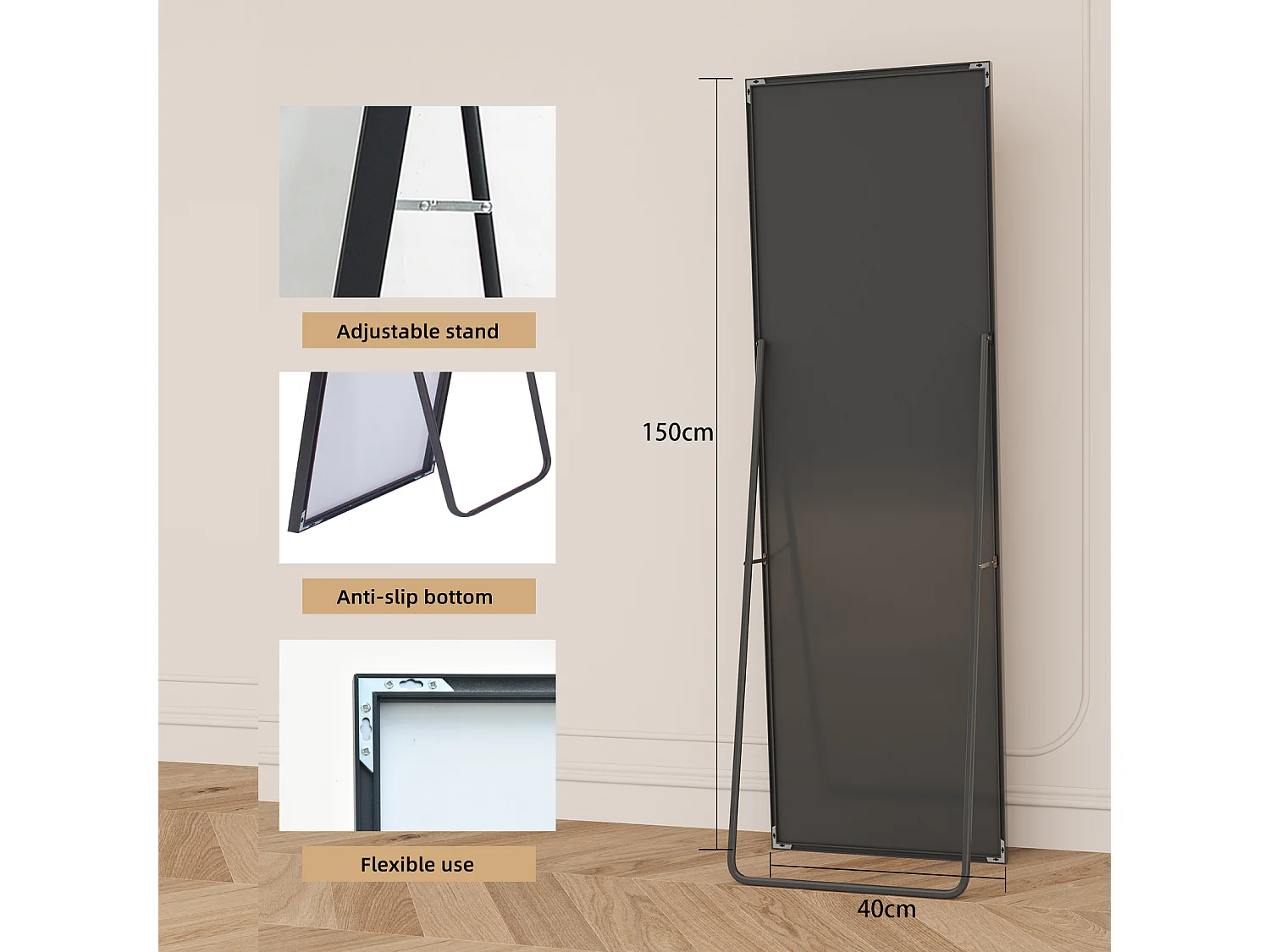 Miroir pleine longueur 150 x 40 cm noir avec cadre en aluminium, sur pied ou mural, rectangulaire