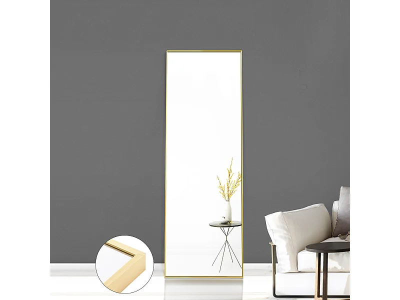 Spiegel op ware grootte 150 x 40 cm, goudkleurige afwerking met aluminium frame, vrijstaand of aan de muur te bevestigen, rechthoekig