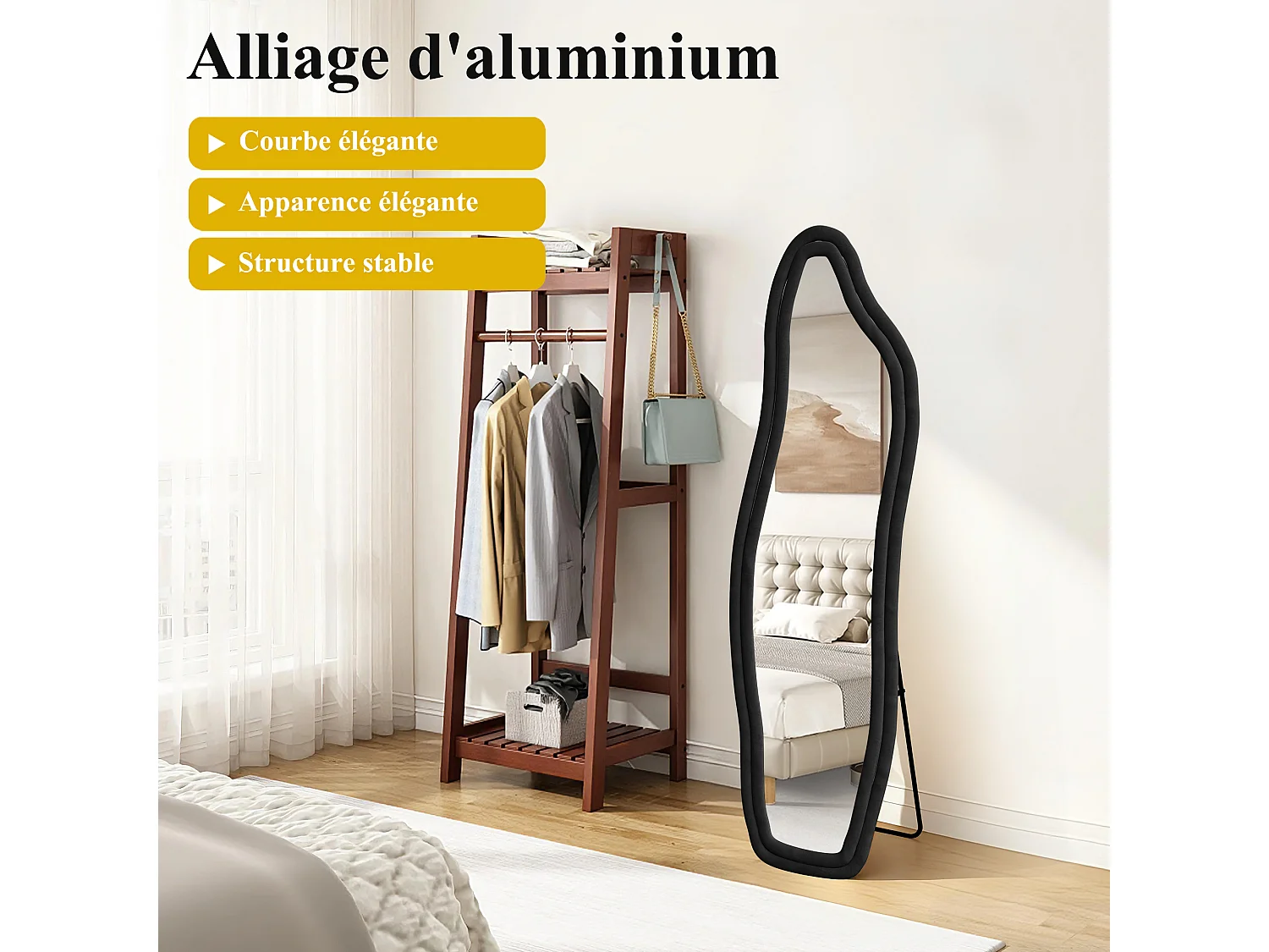 Espejo de cuerpo entero, de pie, con diseño ondulado irregular, con soporte ondulado, 45 x 140 cm, negro