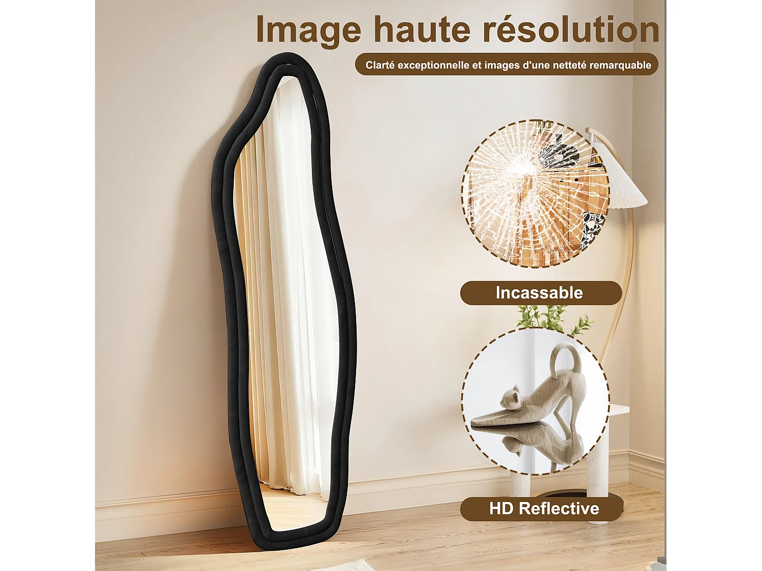 Miroir pleine longueur, miroir de sol motif vague irrégulière, avec support vague, 45 x 140 cm,noir