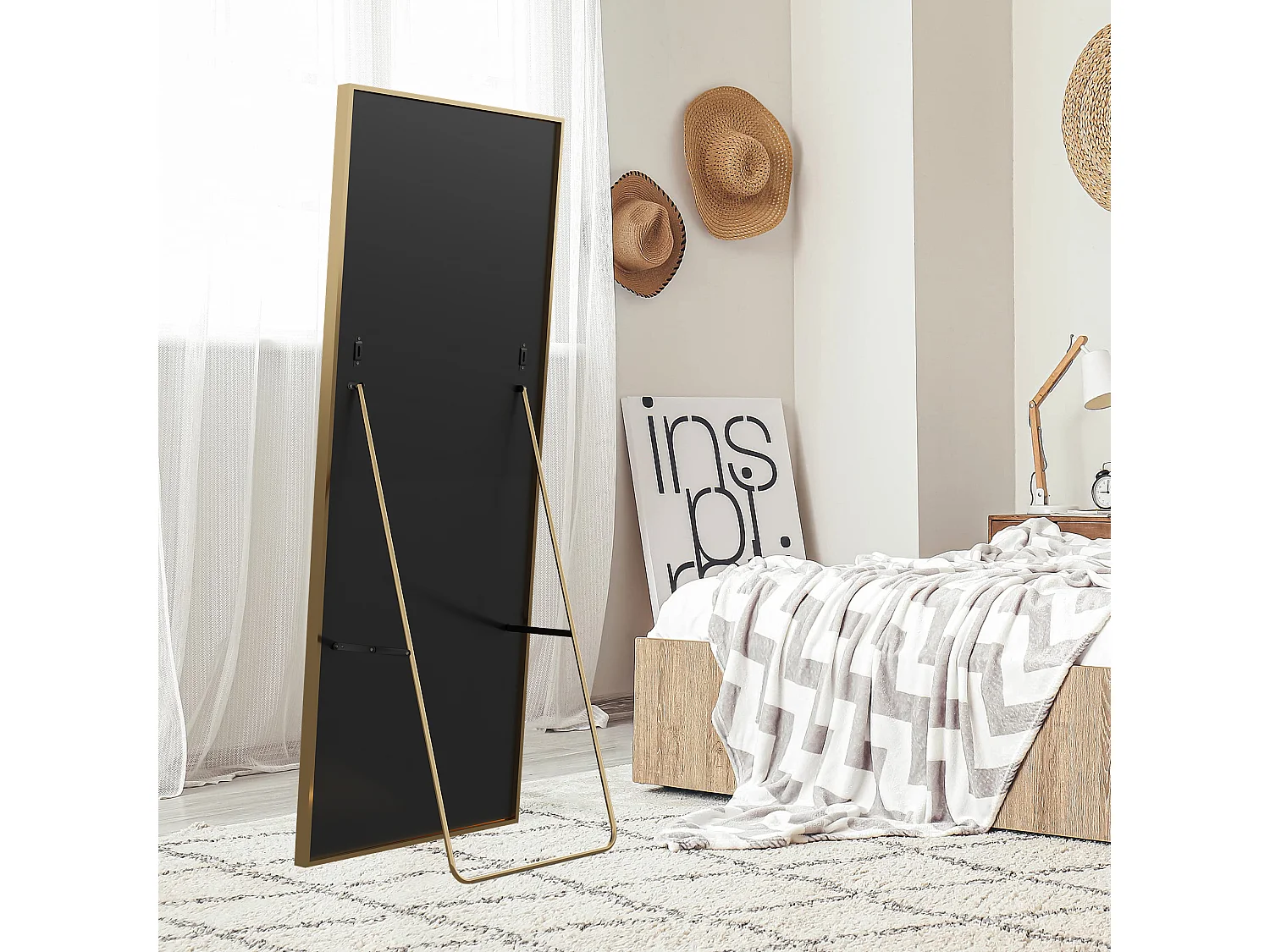 Specchio infrangibile a figura intera 77 x 177 cm, da appoggio o da parete, grande specchio da terra, oro