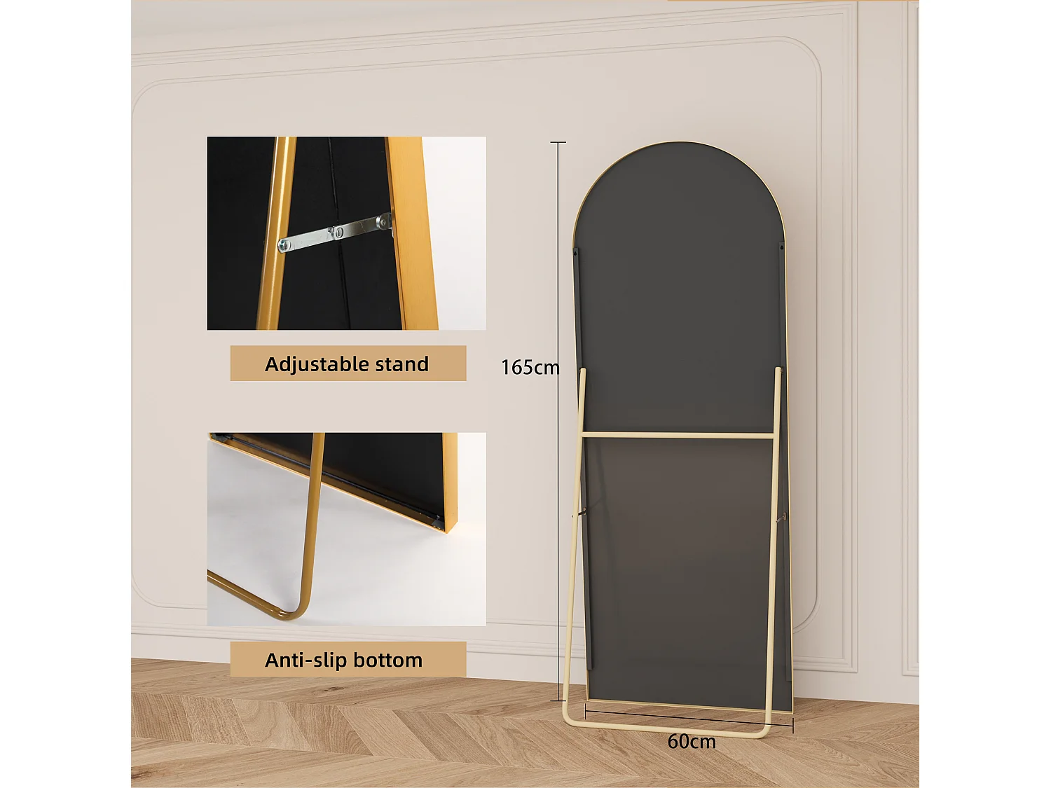 Miroir de Sol Pleine Longueur, Miroir sur pied 165 x 60 cm, Cadre en Aluminium, Miroir arqué, Doré