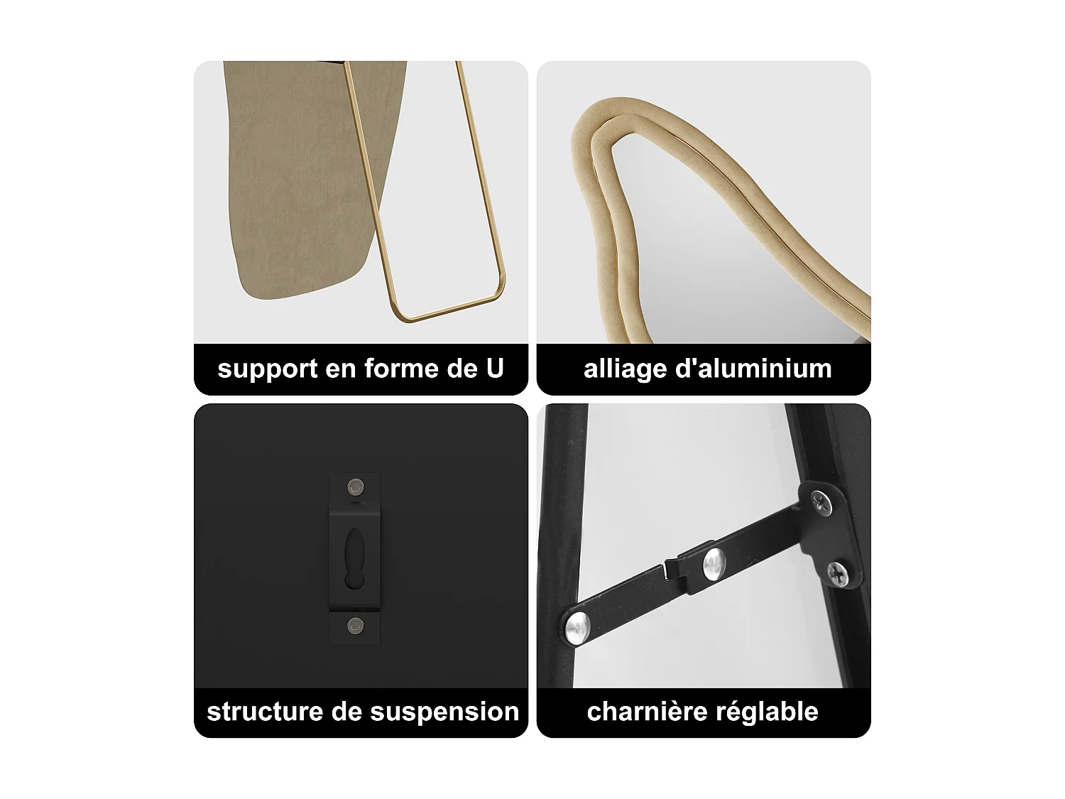 Espejo de cuerpo entero, de pie, con diseño ondulado irregular, con soporte ondulado, 45 x 140 cm, dorado