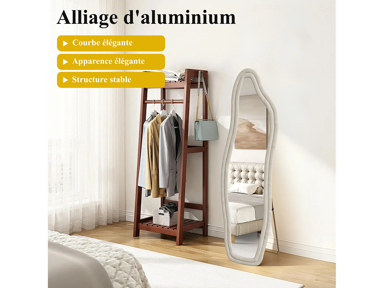 Espejo de cuerpo entero, de pie, con diseño ondulado irregular, con soporte ondulado, 50 x 160 cm, blanco