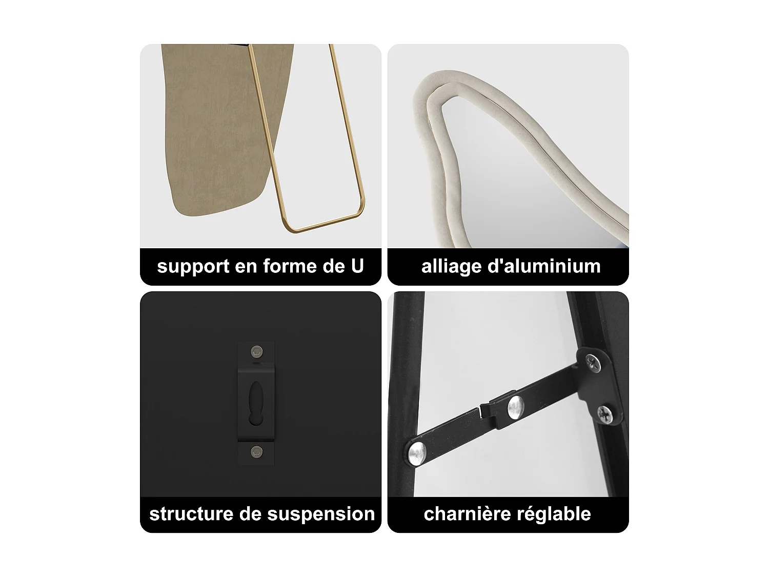 Espejo de cuerpo entero, de pie, con diseño ondulado irregular, con soporte ondulado, 50 x 160 cm, blanco