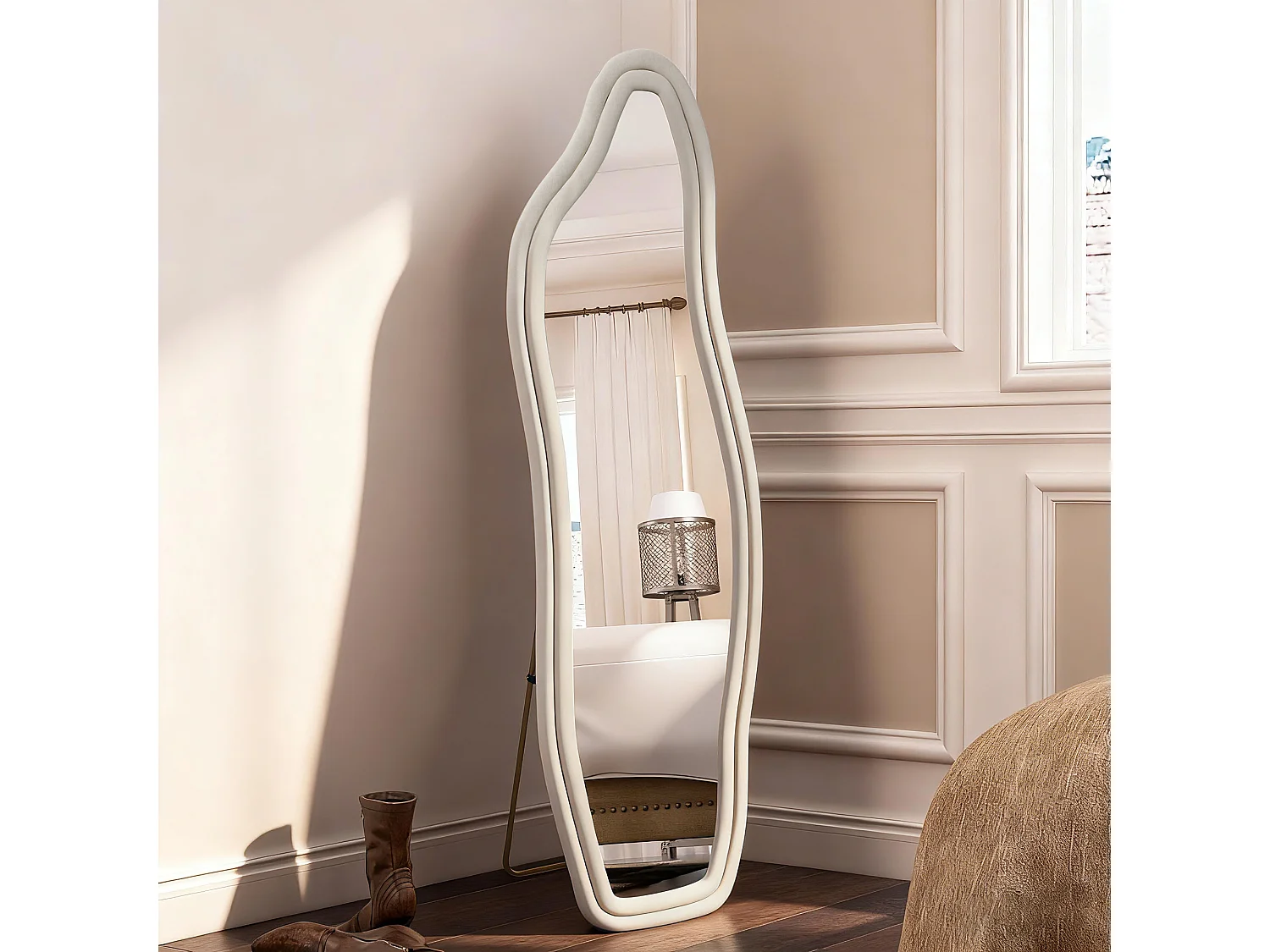 Miroir pleine longueur, miroir de sol motif vague irrégulière, avec support vague, 45 x 140 cm,Blanc