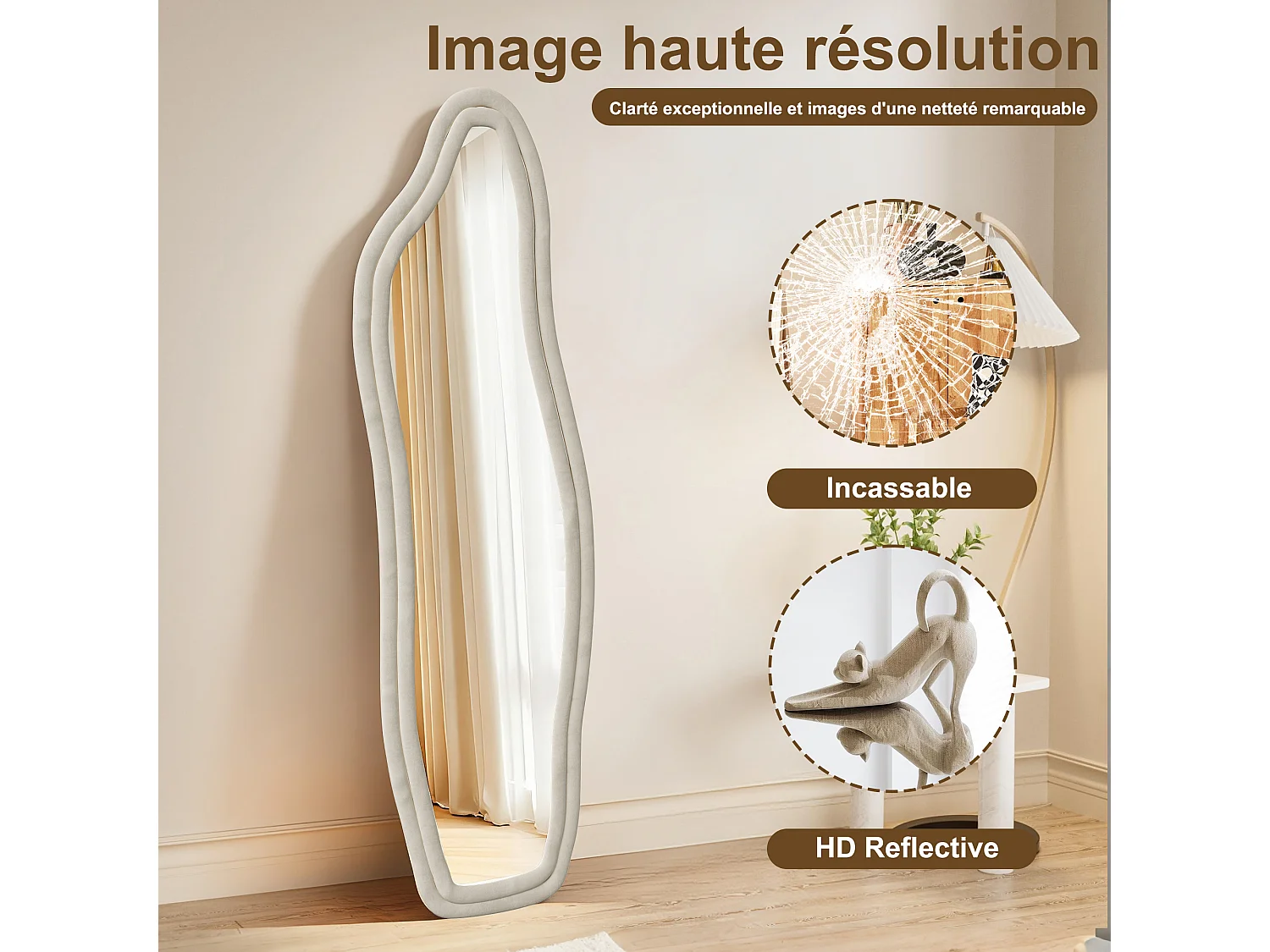 Miroir pleine longueur, miroir de sol motif vague irrégulière, avec support vague, 45 x 140 cm,Blanc