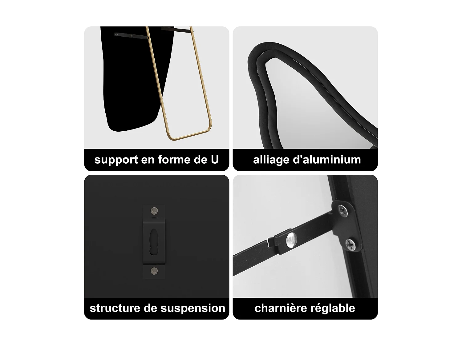 Espejo de cuerpo entero, de pie, con diseño ondulado irregular, con soporte ondulado, 50 x 160 cm, negro