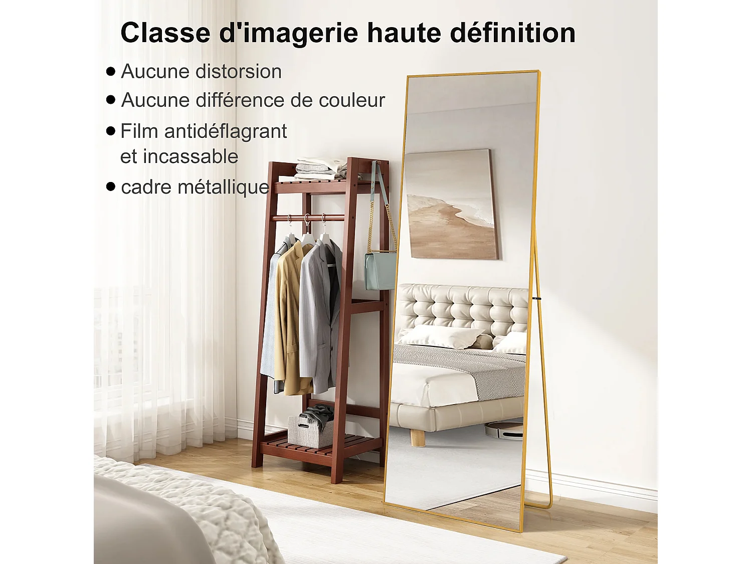 Specchio infrangibile a figura intera 63 x 173 cm, da appoggio o da parete, grande specchio da terra, oro