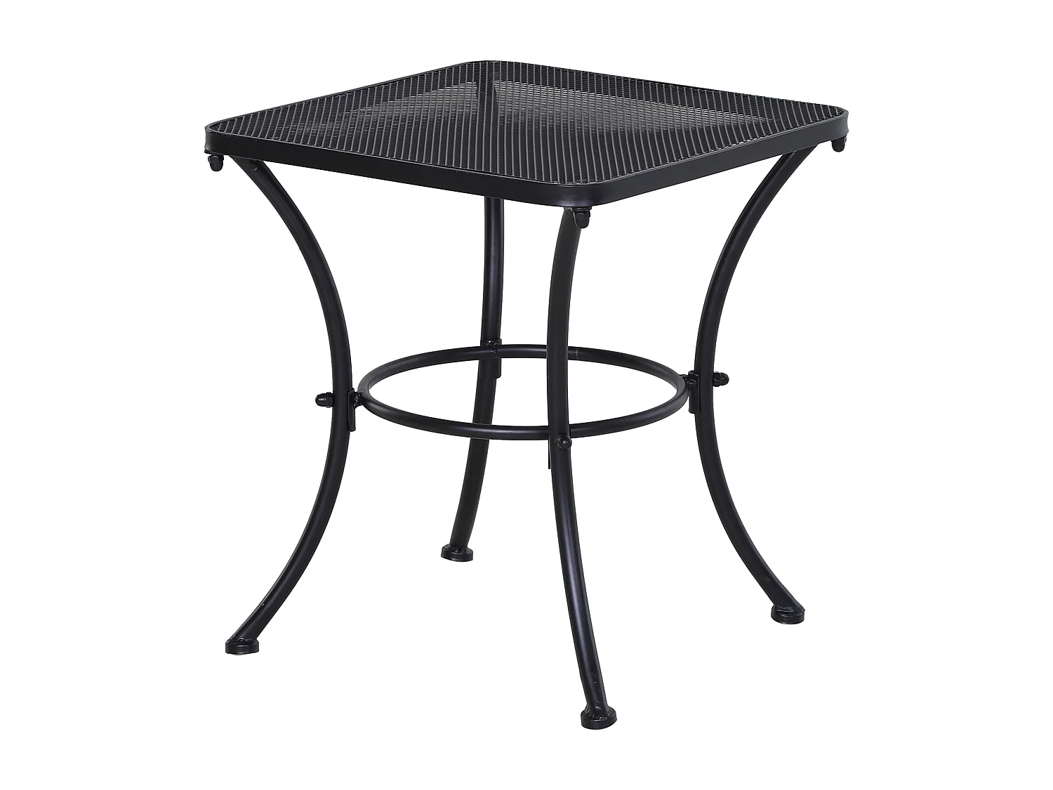 Table basse de jardin carrée, base arquée, plateau en maille métallique époxy noire anticorrosion