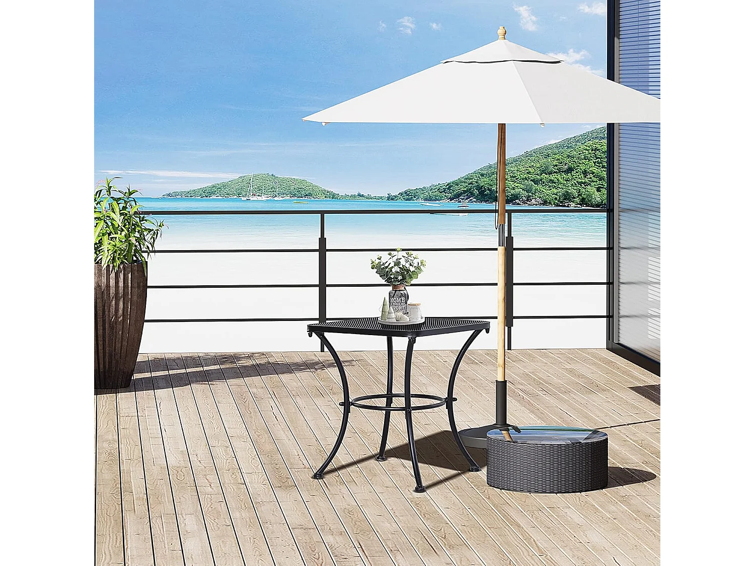 Table basse de jardin carrée, base arquée, plateau en maille métallique époxy noire anticorrosion