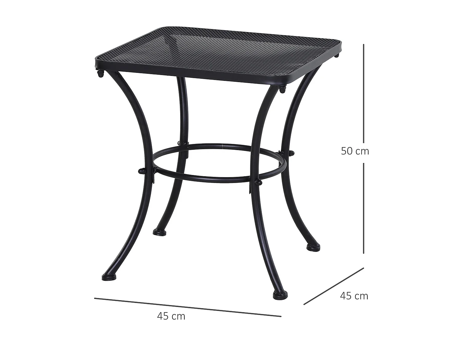 Table basse de jardin carrée, base arquée, plateau en maille métallique époxy noire anticorrosion