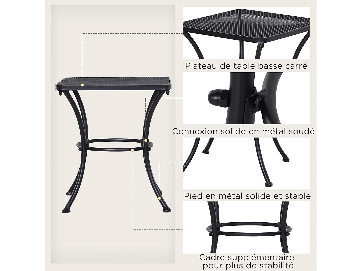 Table basse de jardin carrée, base arquée, plateau en maille métallique époxy noire anticorrosion