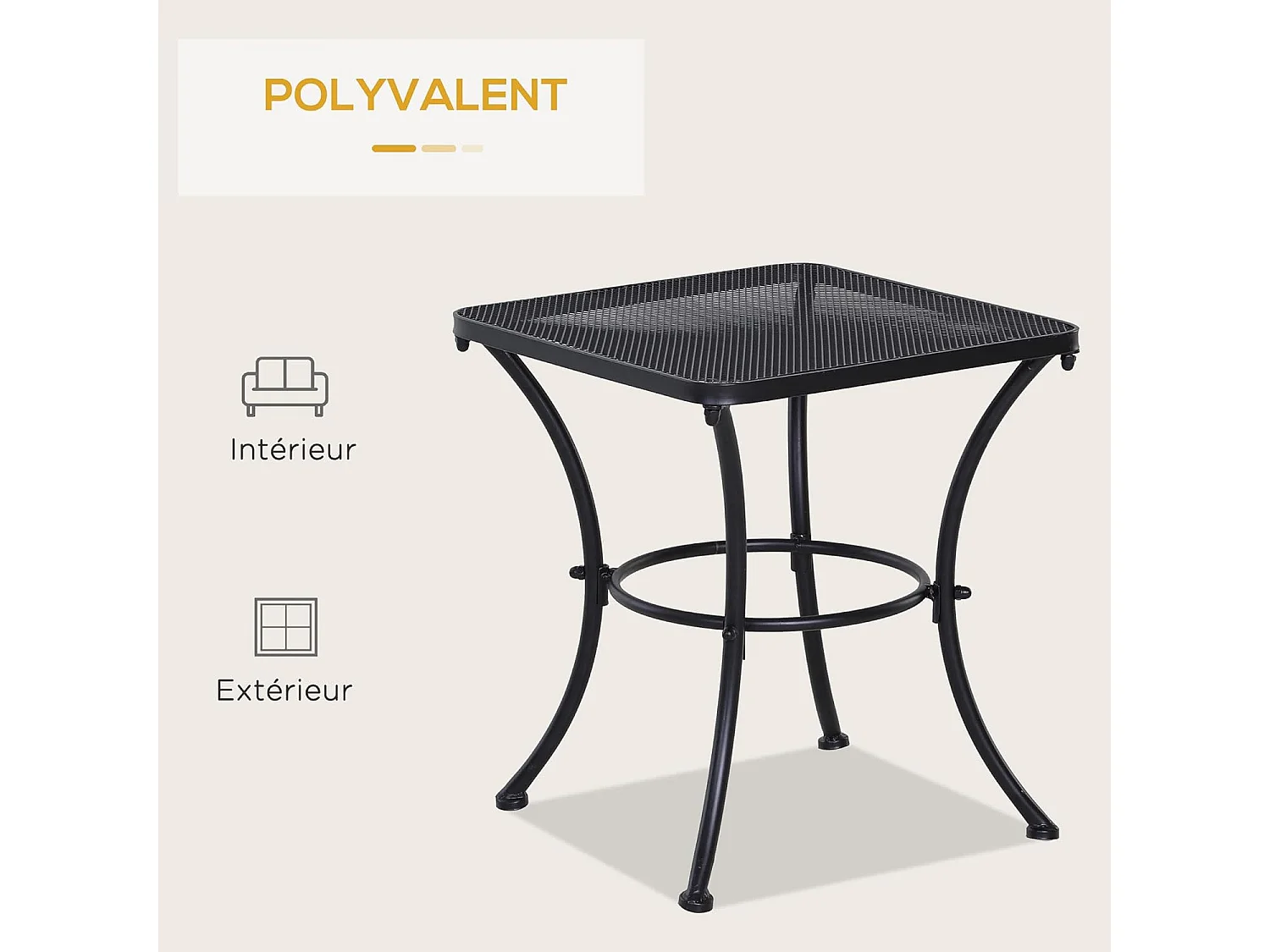 Table basse de jardin carrée, base arquée, plateau en maille métallique époxy noire anticorrosion
