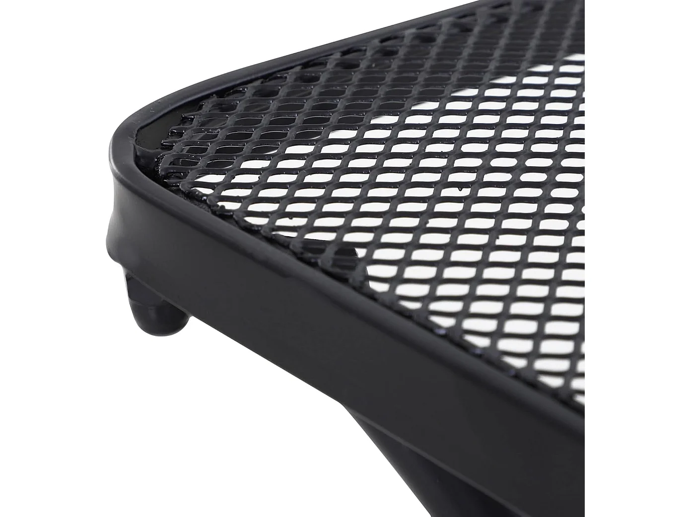 Table basse de jardin carrée, base arquée, plateau en maille métallique époxy noire anticorrosion