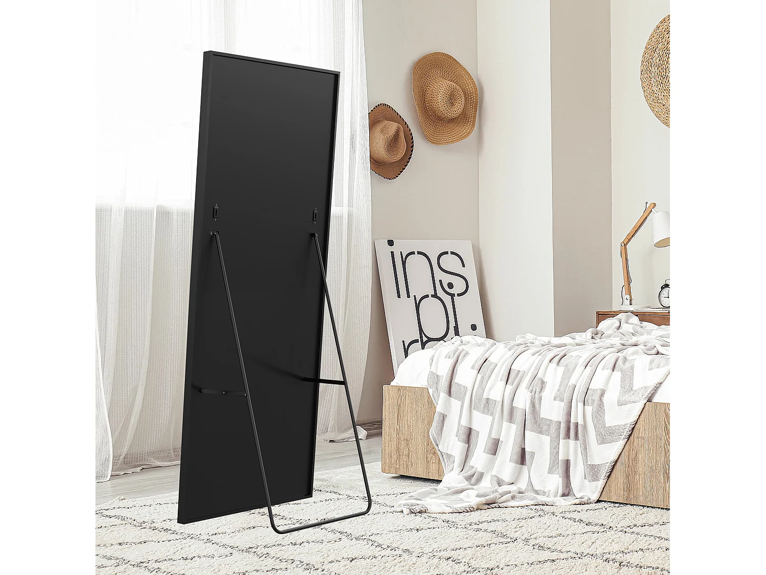 Miroir pleine longueur incassable 77 x 177 cm, sur pied ou mural, grand miroir de sol Noir