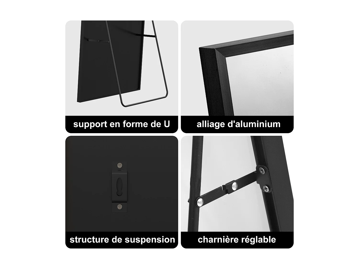 Miroir pleine longueur incassable 77 x 177 cm, sur pied ou mural, grand miroir de sol Noir