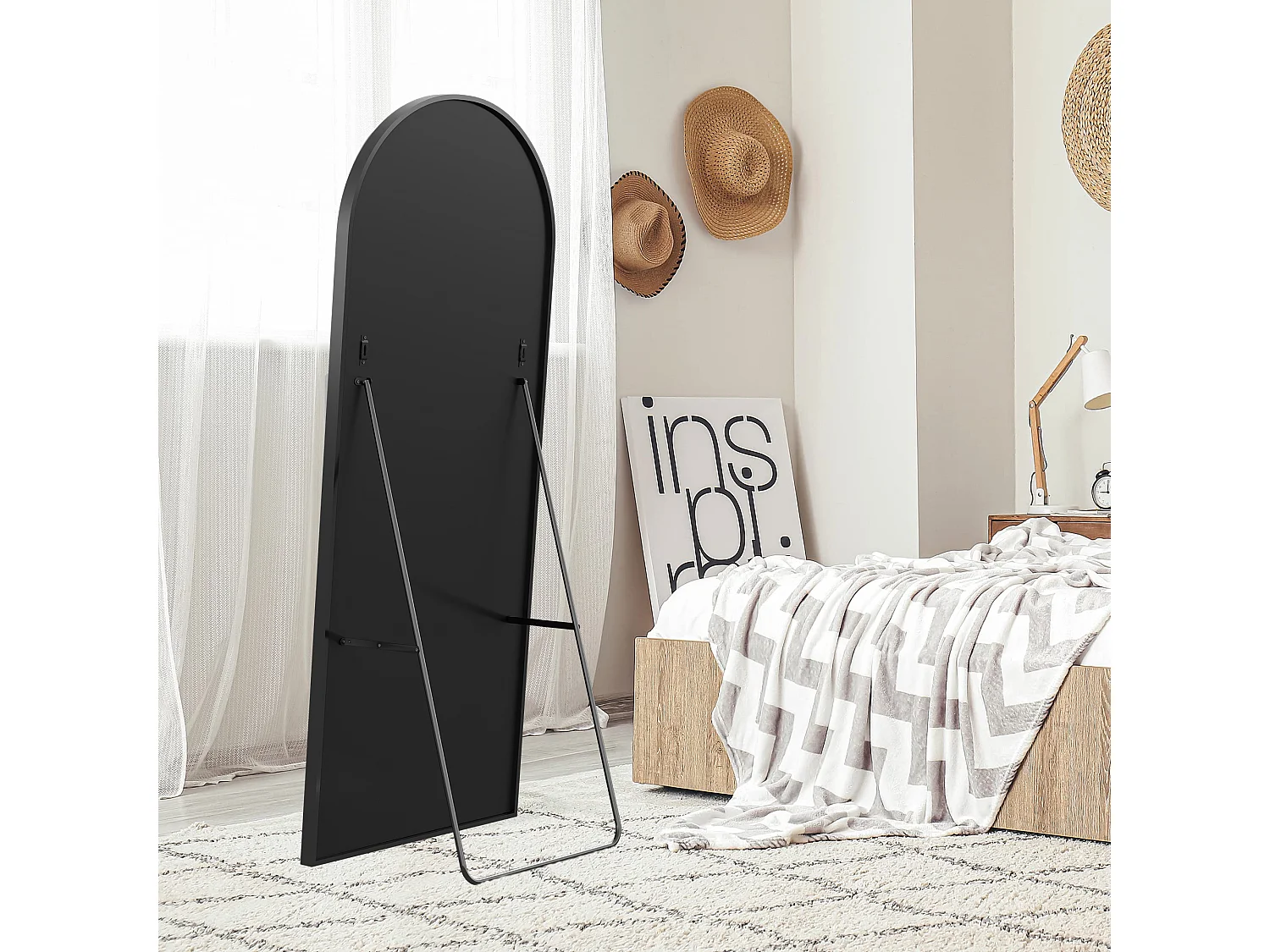 Volledige gebogen spiegel, 77 x 177 cm, wandspiegel, schuin, staande spiegel voor de woonkamer, zwart