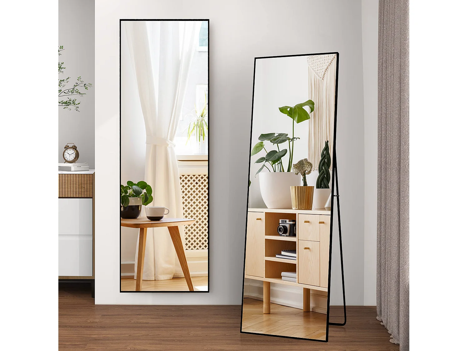 Espelho de corpo inteiro inquebrável, 63 x 173 cm, para uso independente ou fixado na parede, espelho de chão grande, preto