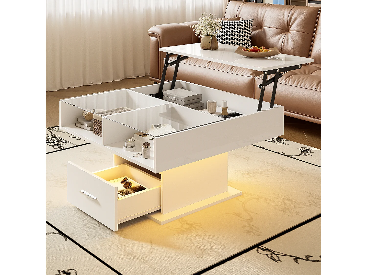 Tavolino da caffè multifunzionale laccato lucido con illuminazione a LED, altezza regolabile e spazio di archiviazione flessibile, bianco