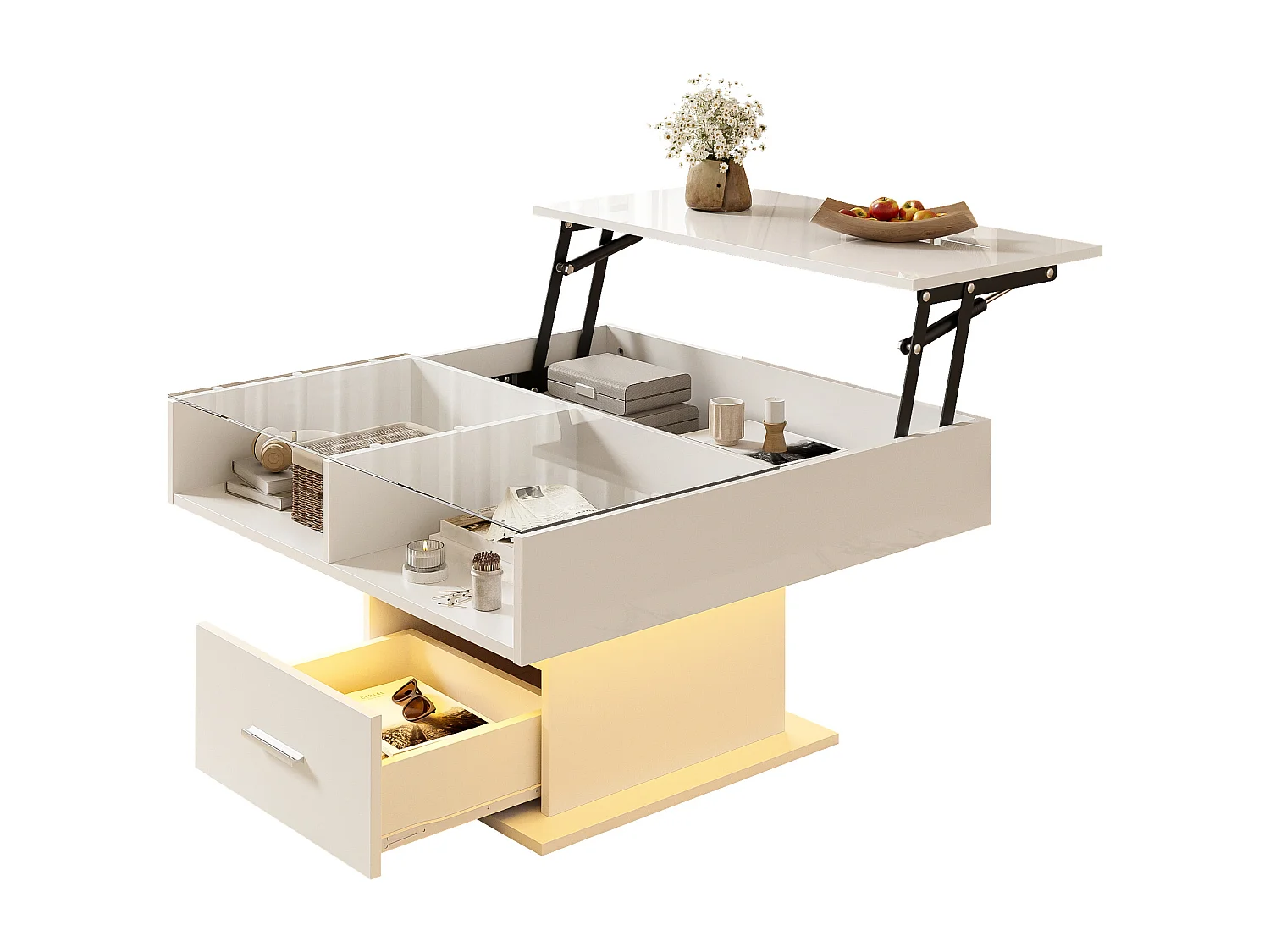 Mesa de centro multifuncional lacada en alto brillo con iluminación LED, altura ajustable y almacenamiento flexible, blanca.