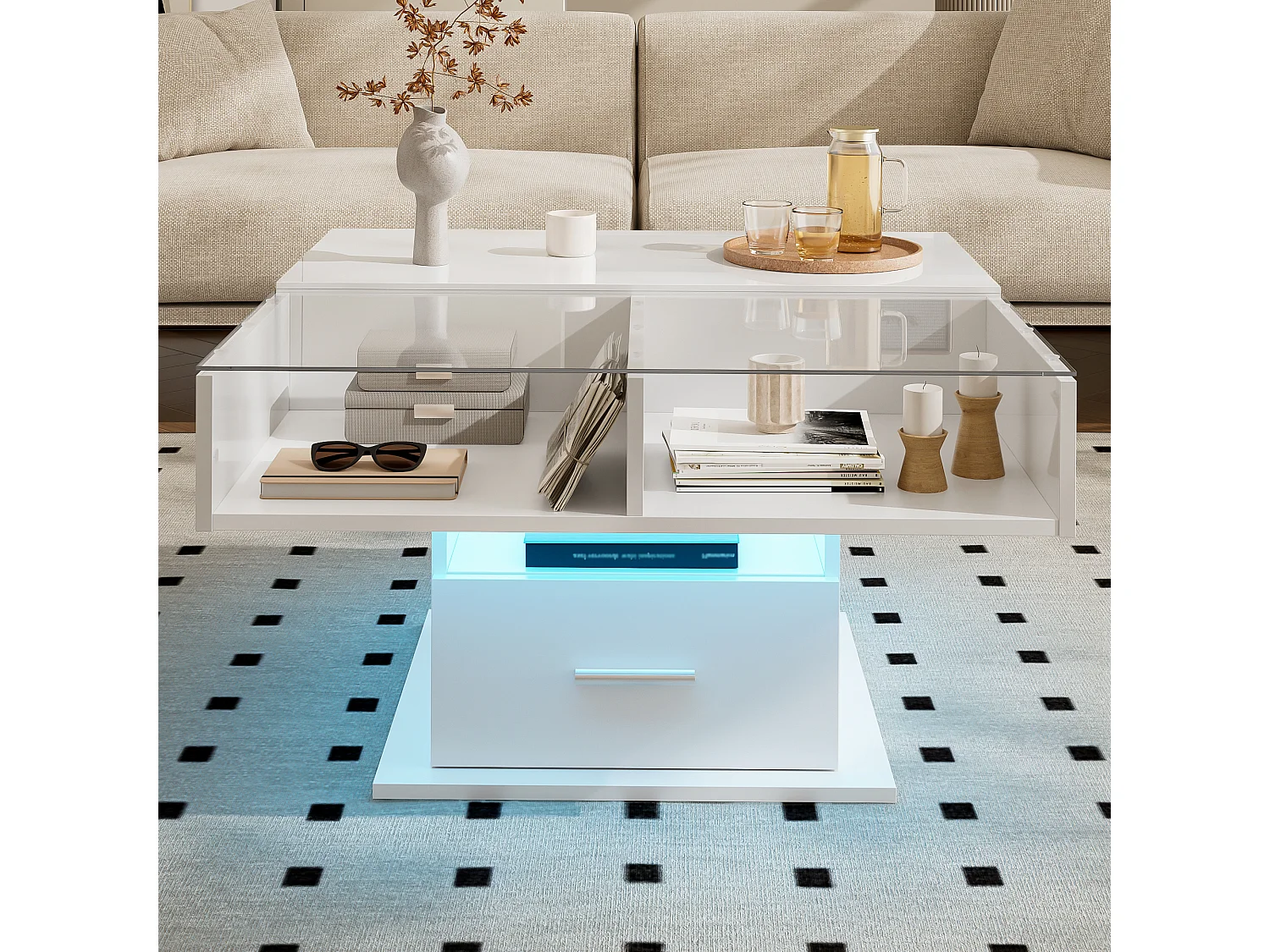 Mesa de centro multifuncional lacada en alto brillo con iluminación LED, altura ajustable y almacenamiento flexible, blanca.