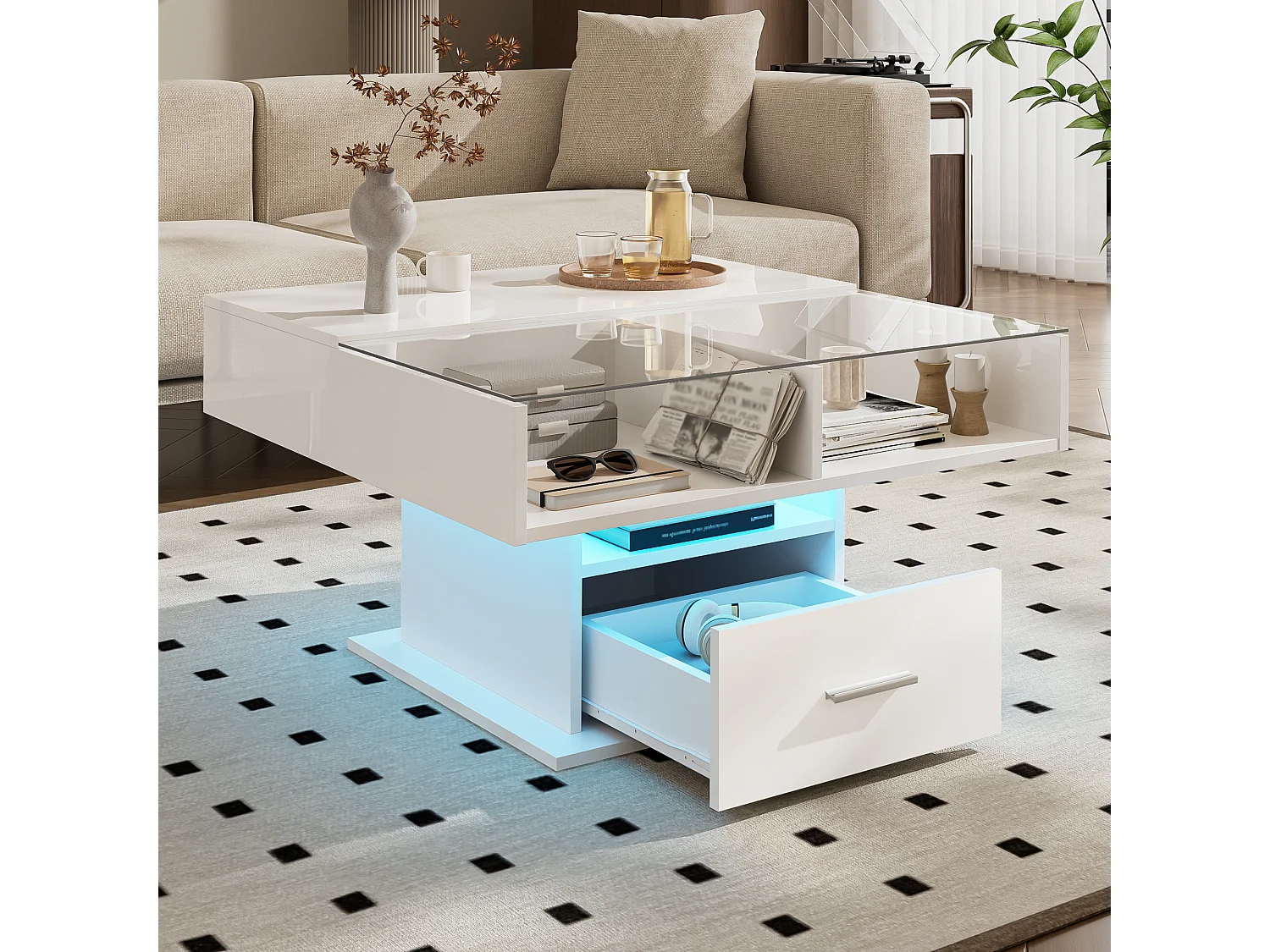 Mesa de centro multifuncional lacada en alto brillo con iluminación LED, altura ajustable y almacenamiento flexible, blanca.