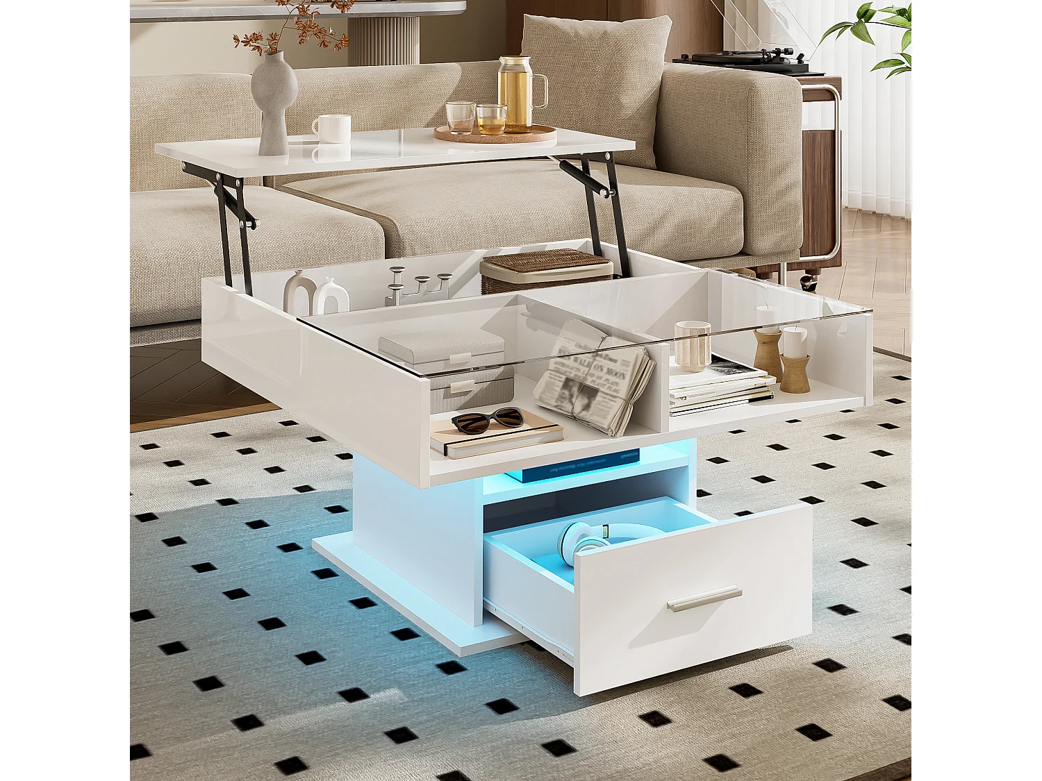 Mesa de centro multifuncional lacada en alto brillo con iluminación LED, altura ajustable y almacenamiento flexible, blanca.