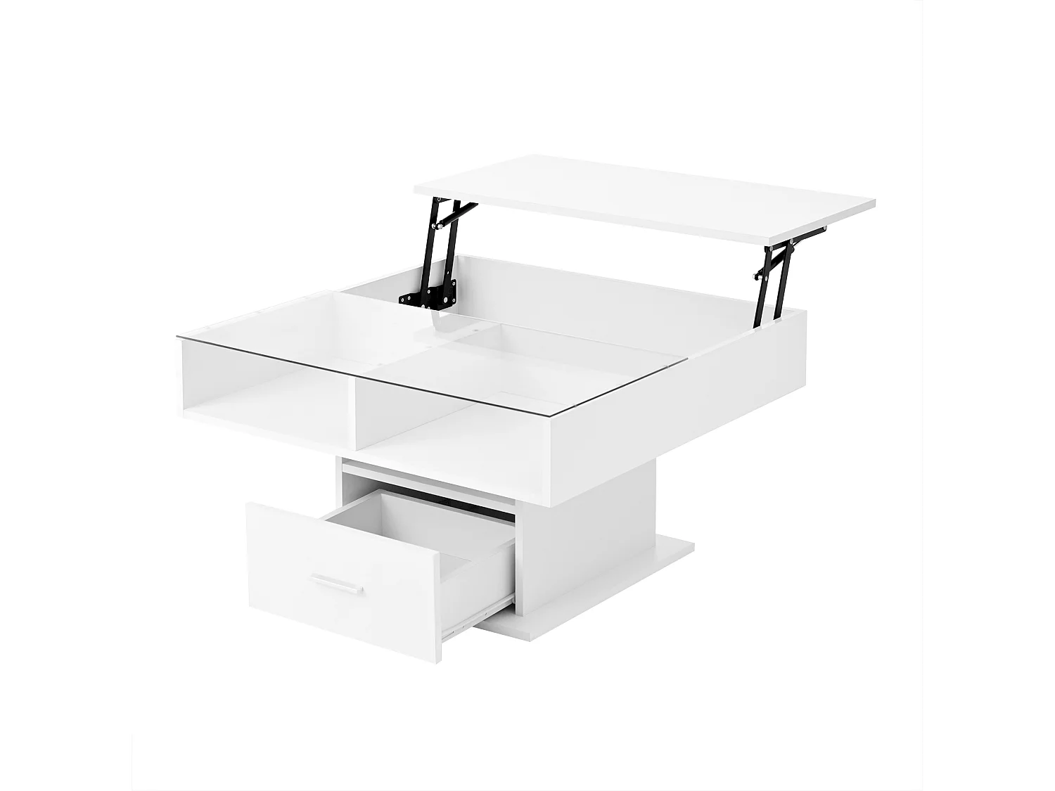 Mesa de centro multifuncional lacada en alto brillo con iluminación LED, altura ajustable y almacenamiento flexible, blanca.