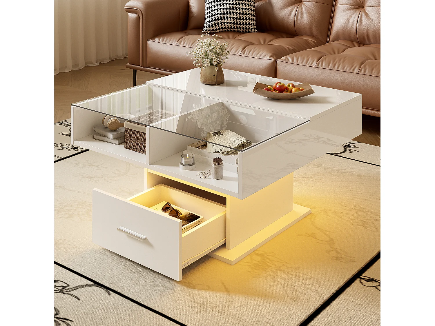 Mesa de centro multifuncional lacada en alto brillo con iluminación LED, altura ajustable y almacenamiento flexible, blanca.