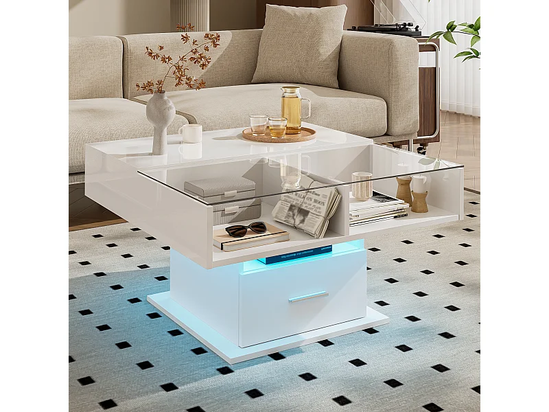 Table basse multifonction laquée brillante avec LED, hauteur réglable et rangement flexible, Blanc
