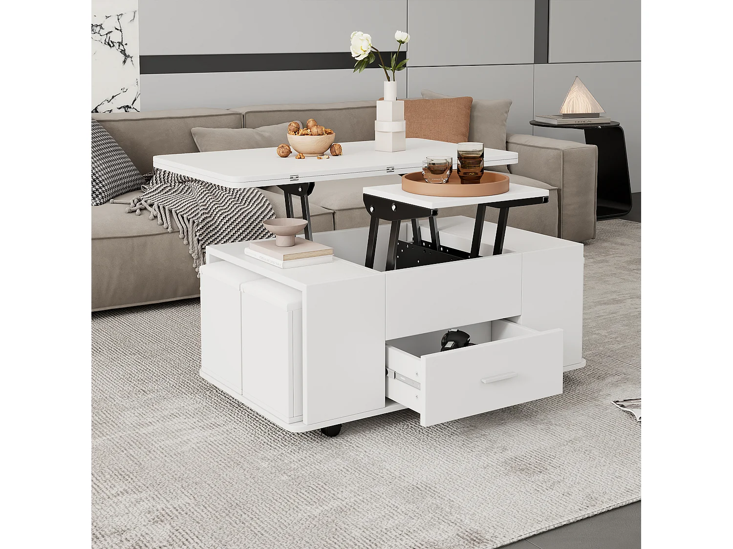 Mesa de centro multifuncional 4 en 1 con altura ajustable, cajones y 4 taburetes, blanca