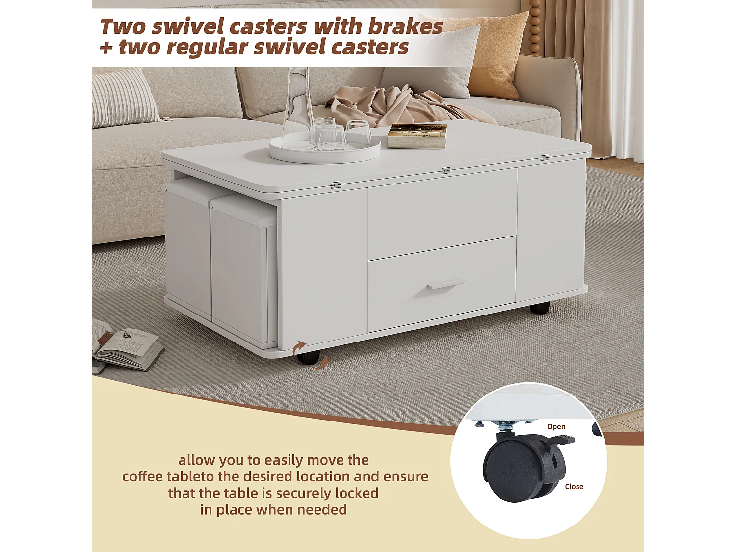 Mesa de centro multifuncional 4 en 1 con altura ajustable, cajones y 4 taburetes, blanca