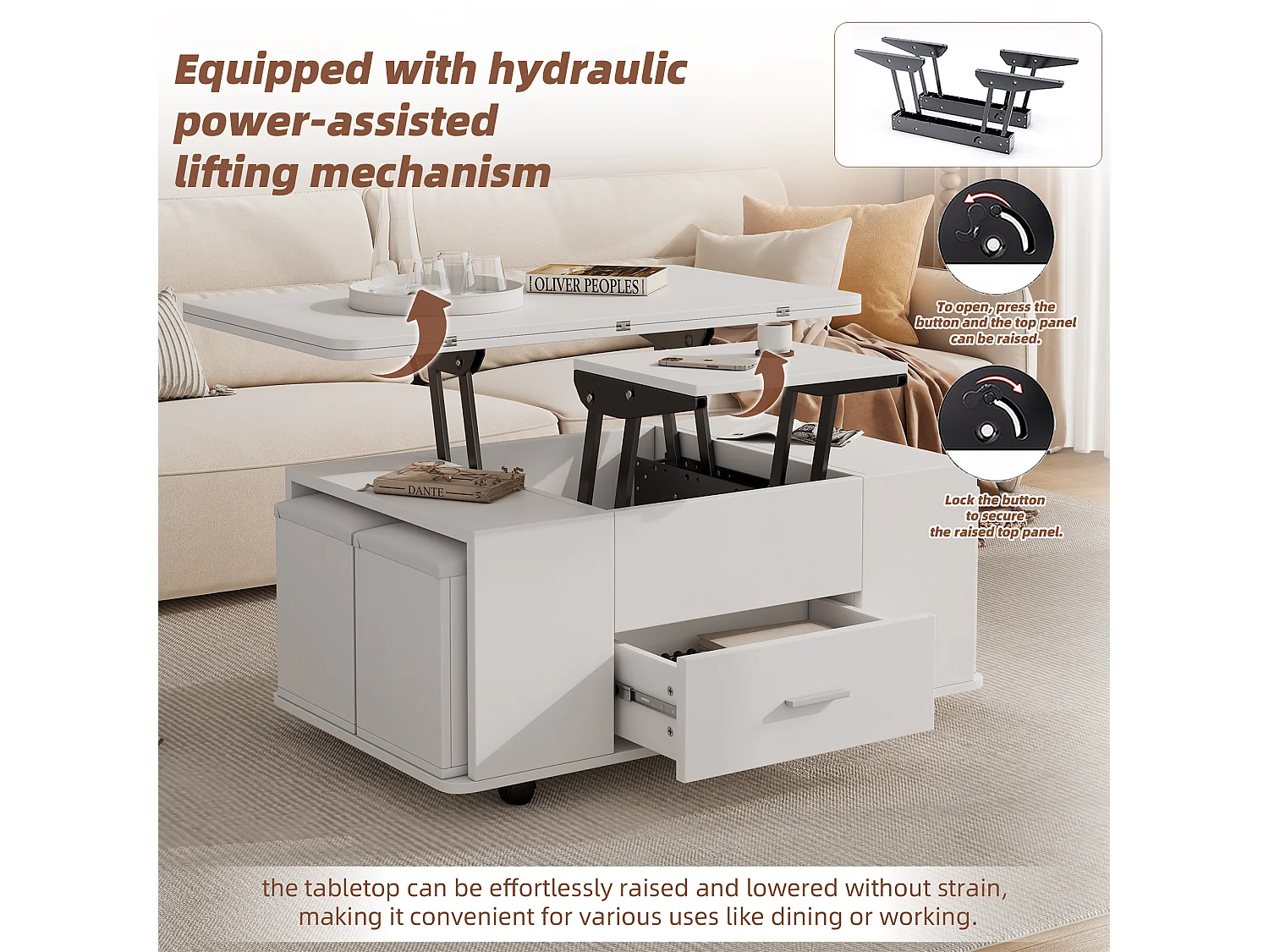 Mesa de centro multifuncional 4 en 1 con altura ajustable, cajones y 4 taburetes, blanca