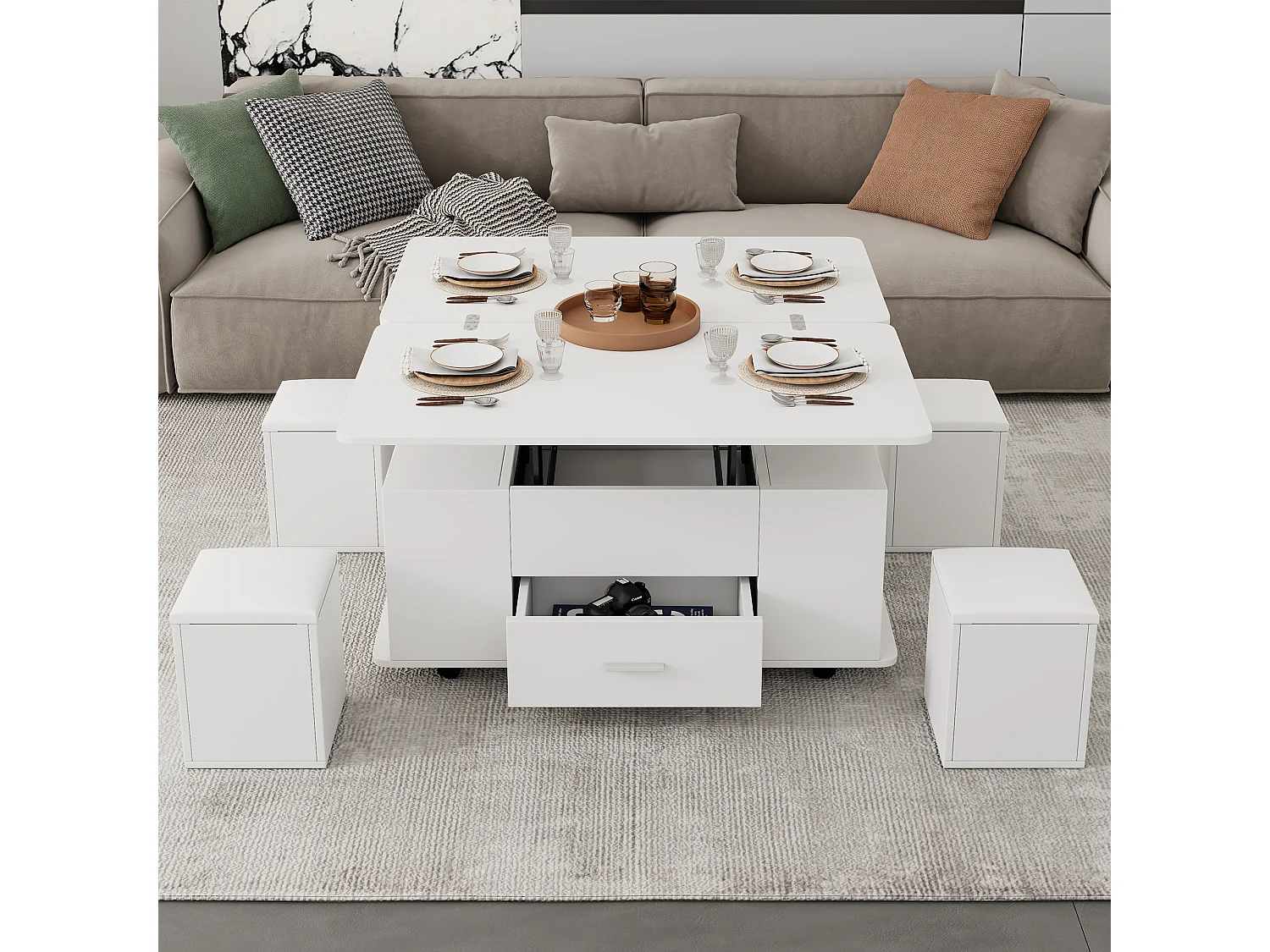Table Basse réglable multifonctionnelle 4 en 1 en Hauteur, avec tiroirs, avec 4 tabourets, Blanc