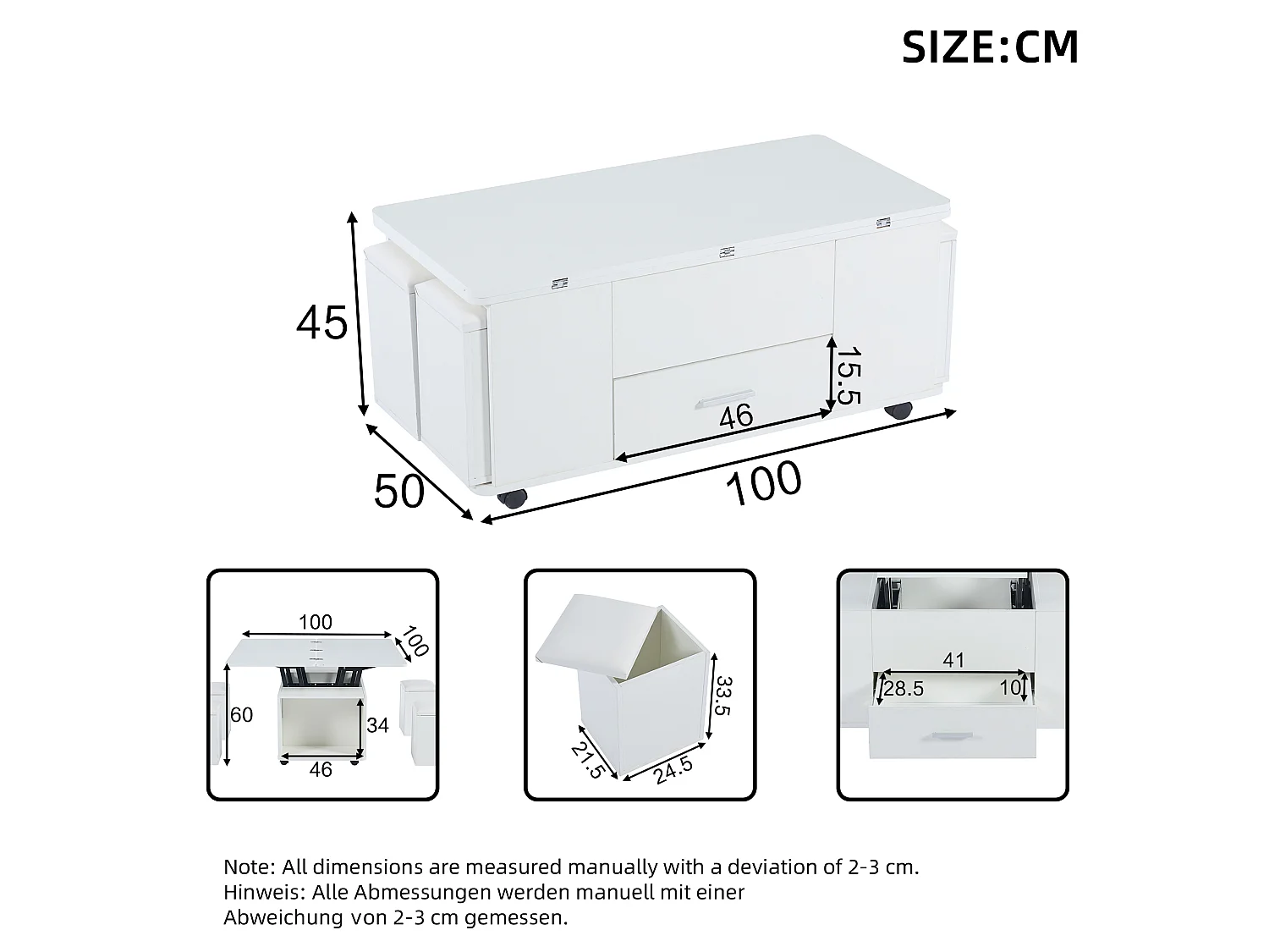 Table Basse réglable multifonctionnelle 4 en 1 en Hauteur, avec tiroirs, avec 4 tabourets, Blanc