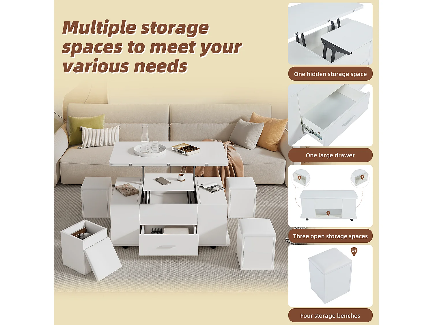 Table Basse réglable multifonctionnelle 4 en 1 en Hauteur, avec tiroirs, avec 4 tabourets, Blanc