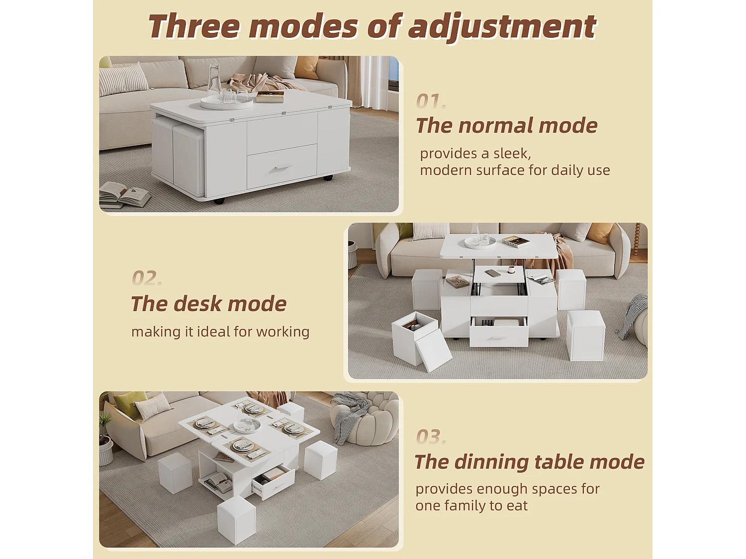 Table Basse réglable multifonctionnelle 4 en 1 en Hauteur, avec tiroirs, avec 4 tabourets, Blanc