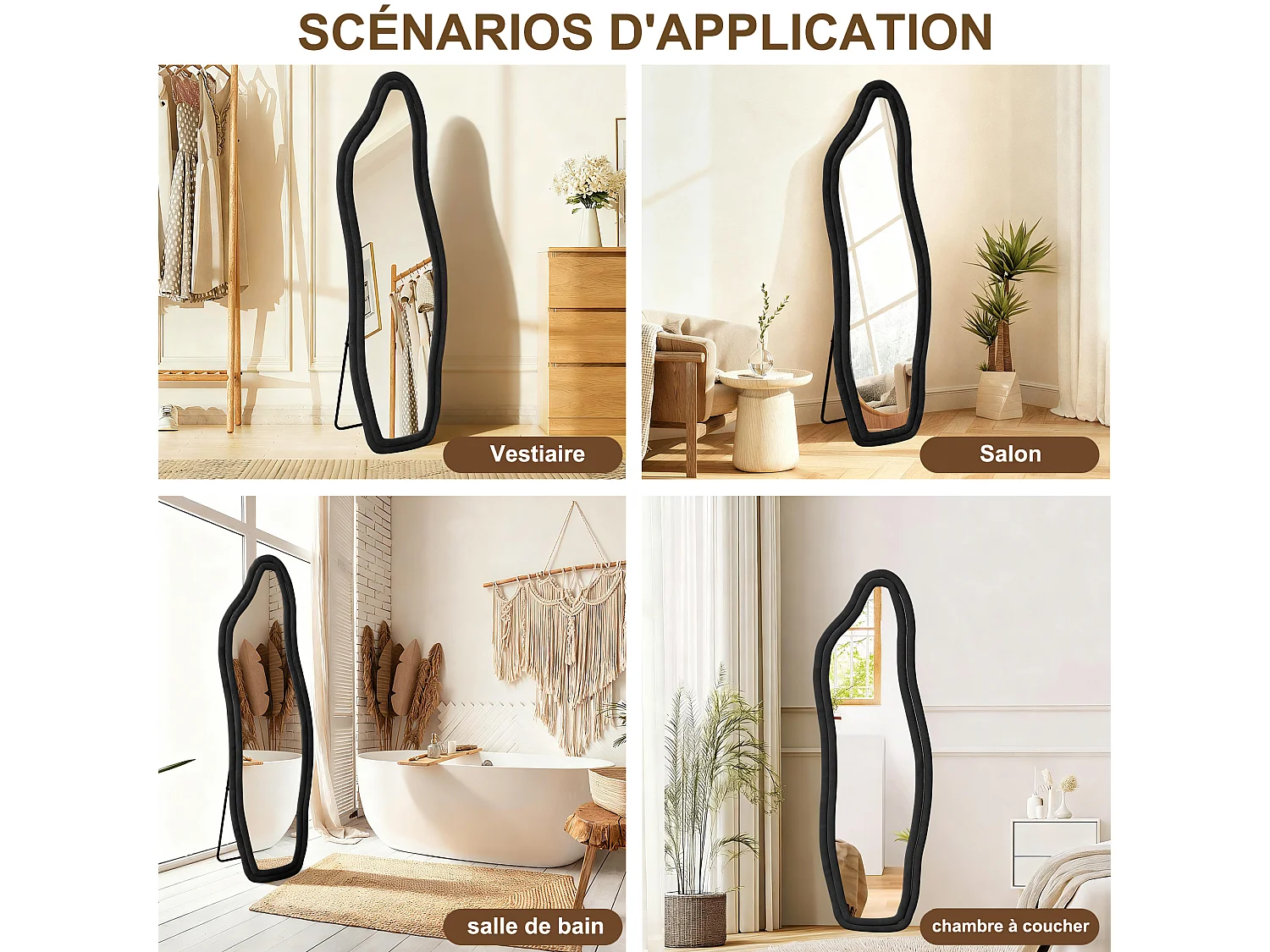 Espejo de cuerpo entero, de pie, con diseño ondulado irregular, con soporte ondulado, 50 x 160 cm, dorado