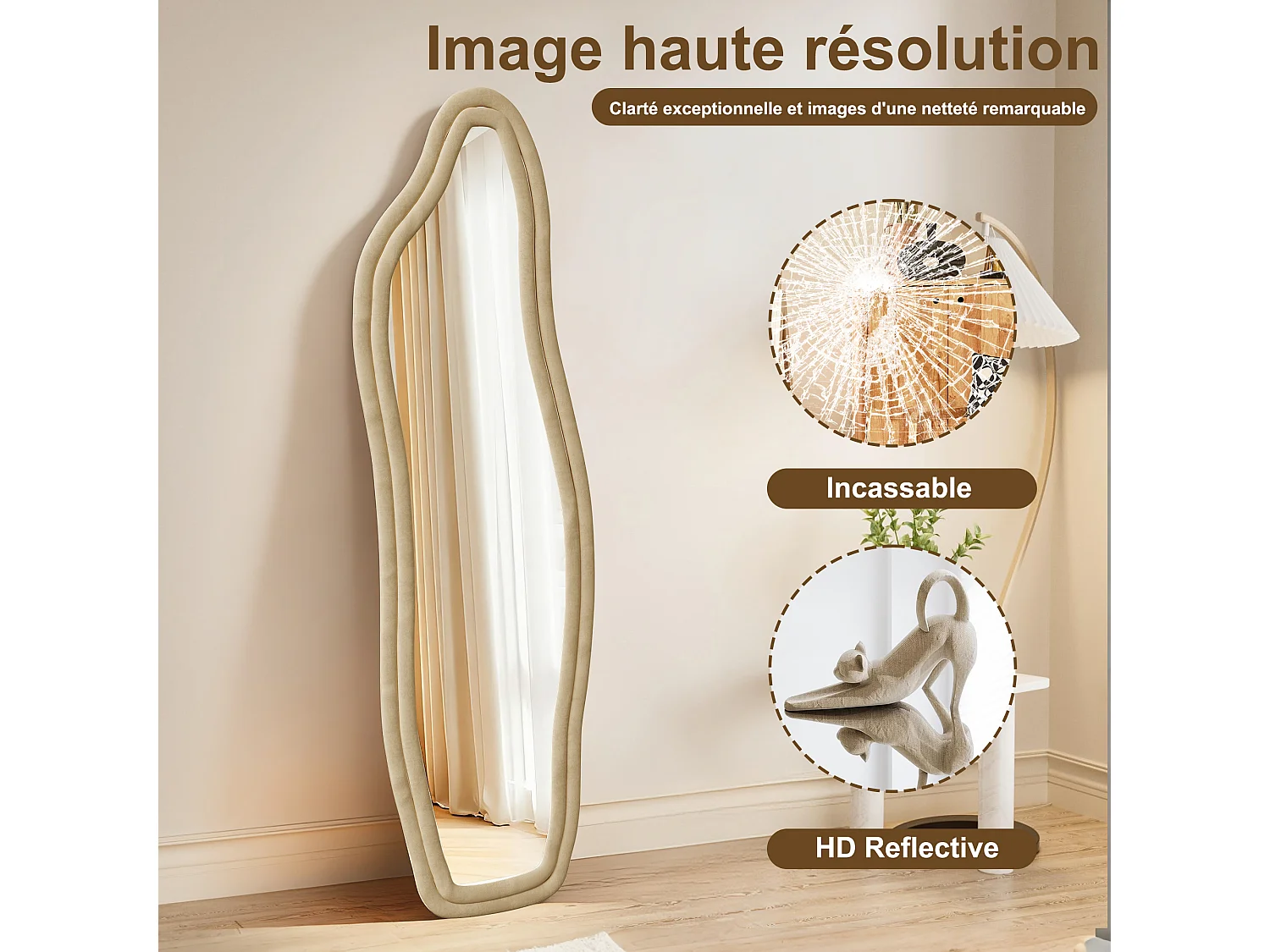 Miroir pleine longueur, miroir de sol motif vague irrégulière, avec support vague, 50 x 160 cm,Doré