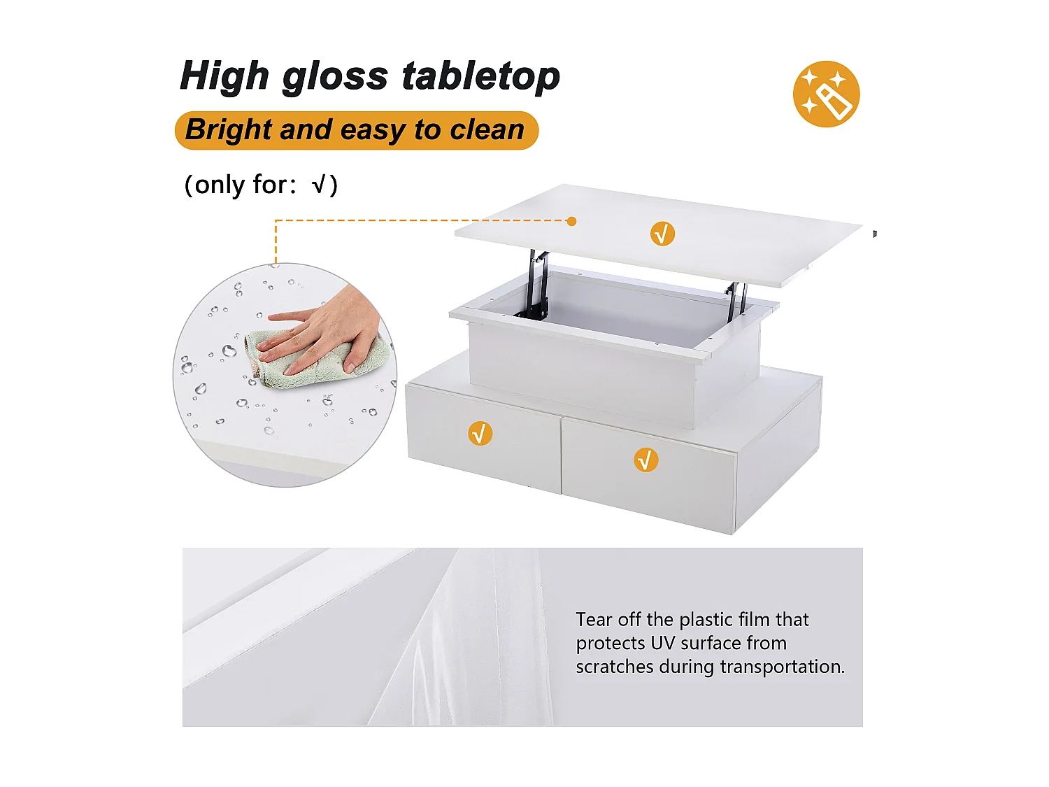 Table Basse Relevable, avec 4 tiroirs, Table Basse LED, Meuble de Salon, Blanc, 90 x 55 x 41 cm