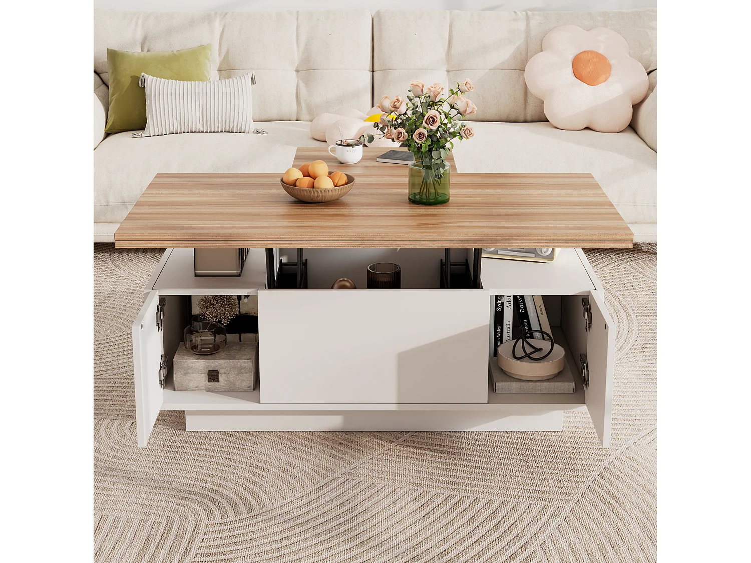 Mesa de centro con dos tapas elevables, mesa 3 en 1, dos puertas, para salón, de madera, 100 x 50 x 55 cm