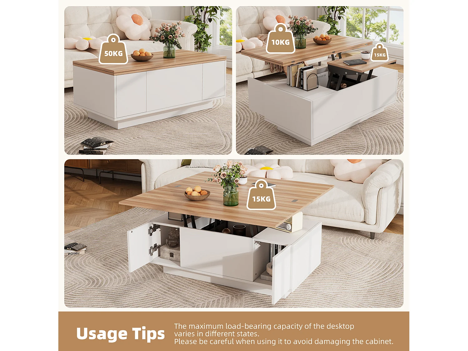 Salontafels met 2 opklapbare bladen, 3-in-1 tafel, 2 deuren, voor woonkamer, hout, 100 x 50 x 55 cm