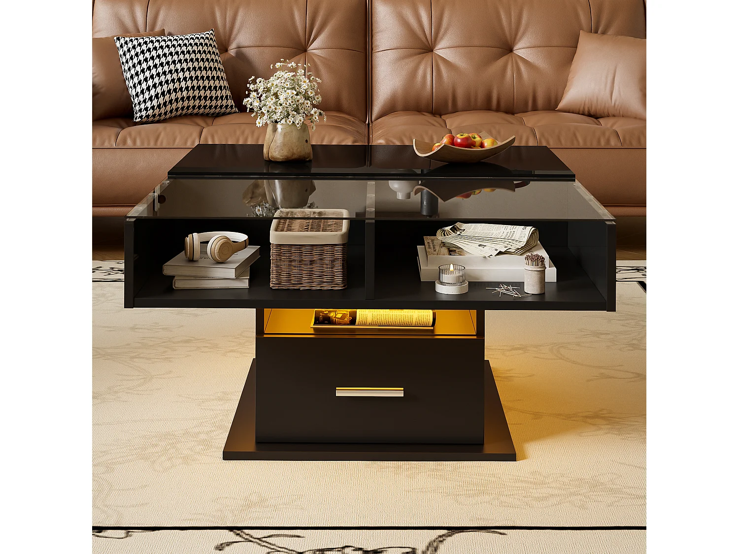 Table basse multifonction laquée brillante avec LED, hauteur réglable et rangement flexible, Noir