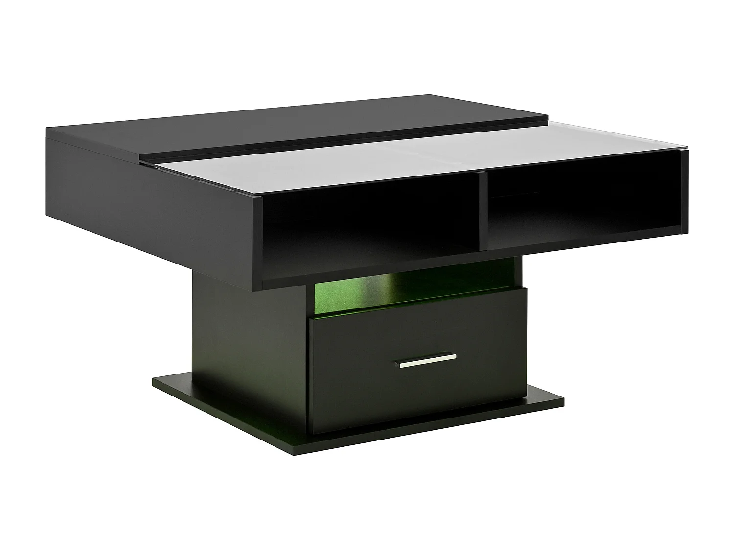 Table basse multifonction laquée brillante avec LED, hauteur réglable et rangement flexible, Noir