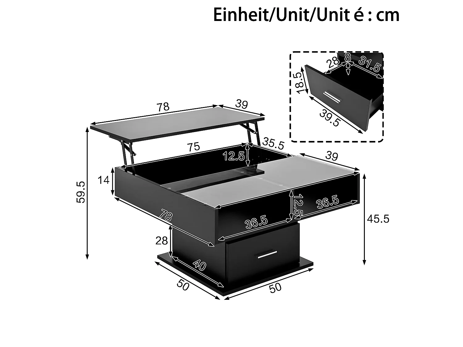 Hoogglans gelakte multifunctionele salontafel met LED-verlichting, verstelbare hoogte en flexibele opbergruimte, Zwart