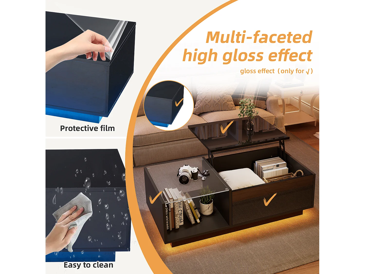 Mesa de centro com LED, tampo elevável e extensível, com espaço de armazenamento oculto e prateleira, preta.