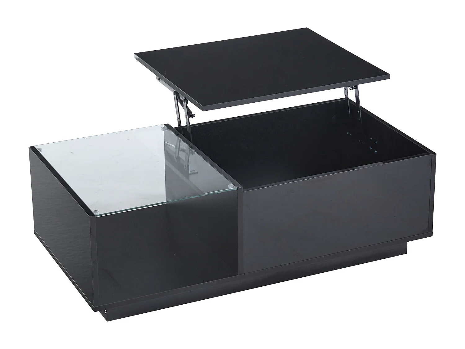 Mesa de centro com LED, tampo elevável e extensível, com espaço de armazenamento oculto e prateleira, preta.