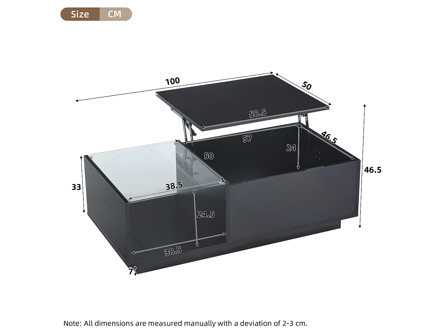 Table Basse LED, Table Basse relevable Extensible avec Espace de Rangement caché et étagère, Noir