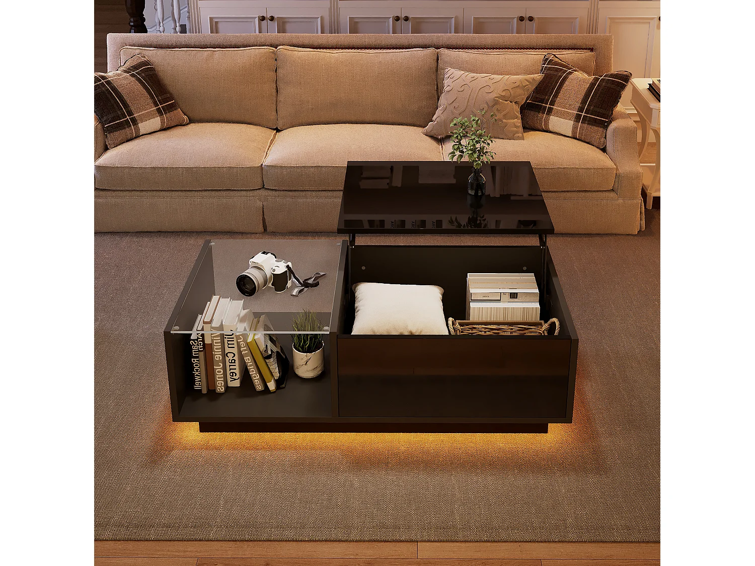 Table Basse LED, Table Basse relevable Extensible avec Espace de Rangement caché et étagère, Noir